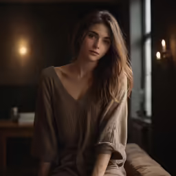 a woman sits on a couch near the window