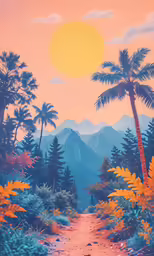 an orange sun rises over palm trees, mountain views and a pathway