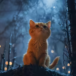 an orange cat looks out the dark woods