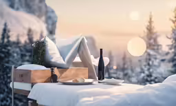 a table with plates and bottles next to snow