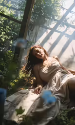 a woman is sitting down in the grass
