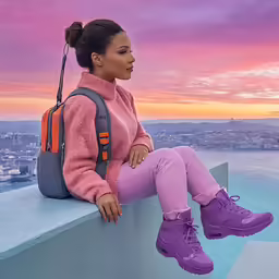 a girl in purple high - top sneakers sits on the ledge, overlooking a cityscape