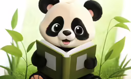 a panda bear reading a book with green leaves around it
