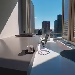 a view of a desk in an office