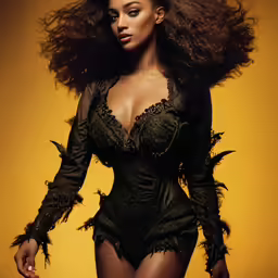 a woman with long hair in a black bathingsuit