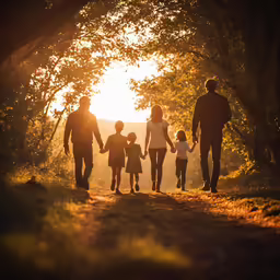 a family walks through a park holding hands