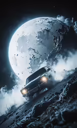 there is a truck that is driving away from the moon