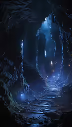 an image of an inside cave looking down a dark path at night