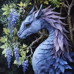 a blue dragon statue with wings and flowers surrounding it