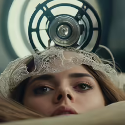 a woman wearing a lace hat in front of a clock