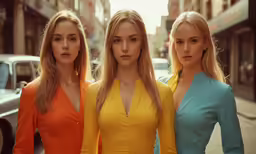 three beautiful women in yellow dresses posing for a photo