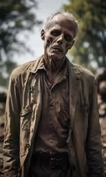 an old man with white hair wearing a beige shirt and jacket