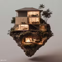 a house made of rocks and lights inside