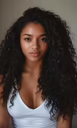 an adorable little girl wearing white clothes with long curly hair