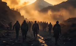 a group of people with helmets on walking in the middle of the wilderness
