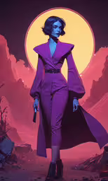 a woman in purple clothes is walking near a large orange moon,a painting of a woman in a purple suit