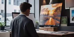 a man in a dark suite sitting at his desk watching a picture on the screen
