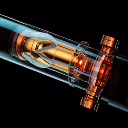 a glass bottle with copper cap and black background