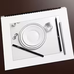 a table setting with a black pen and a cup