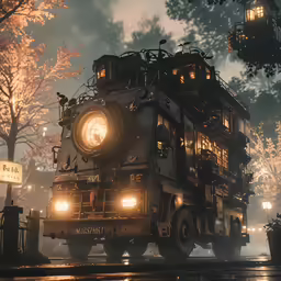 an illustration of a lit up train traveling through the rain