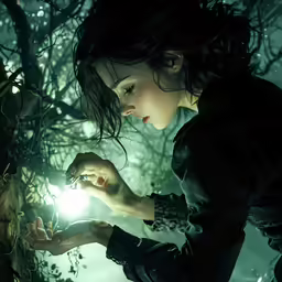 a woman holding out a glowing item in a dark forest