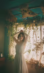 a woman posing for a photograph with green plants growing in her hair