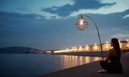 a woman sitting on the side of a pier holding a fishing pole