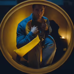 man in denim jacket sitting down adjusting tie