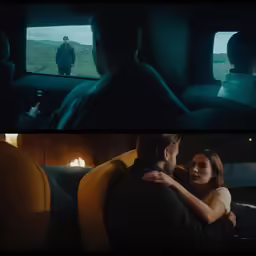 two different shots one with people in the back seat and one with a man on the train at night