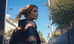 a woman in leather clothes is walking down a street
