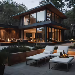 modern home at dusk in the countryside with lights on