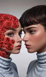 two people standing next to each other with red flowers in their hair