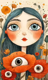 an illustrated woman with blue eyes holds two red flowers and flies above her