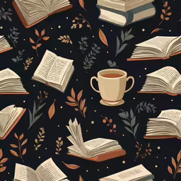 the book shelf with books, coffee mug and flowers is seen in this hand drawn pattern
