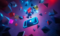 an image of the mac logo surrounded by cubes and shapes