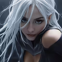 a girl in a black leather jacket with long white hair
