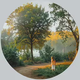 a young woman standing in the grass by trees