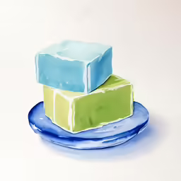 a painting of two blue and green squares on a plate