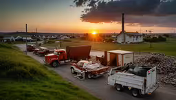 a number of trucks on a road near buildings,four semi trucks lined up on a small road in the sunset