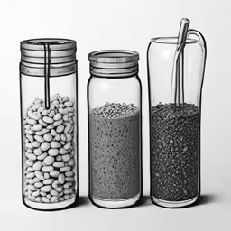 three glass jars are full of various food items