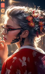 an asian woman wearing glasses, a red kimono, and flowers in her hair