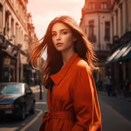 a woman stands on a city street in a orange coat