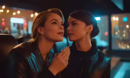 two women sit in front of a mirror in a dimly lit room and pose for the camera