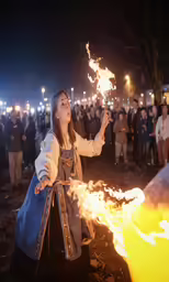 a woman is holding up fire for someone to catch it