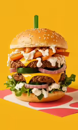 a hamburger on a yellow and red polka dot mat