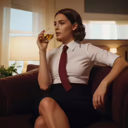 the woman sits on a couch holding a glass of wine