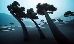 there are three trees that are in the sand