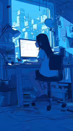 a woman sitting at a desk with a computer on it,blue tone photo of a girl working on her computer