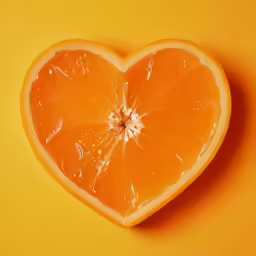 a single orange sliced into in shape on a yellow background