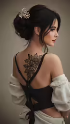 a woman with a tattoo on her back is holding her hand